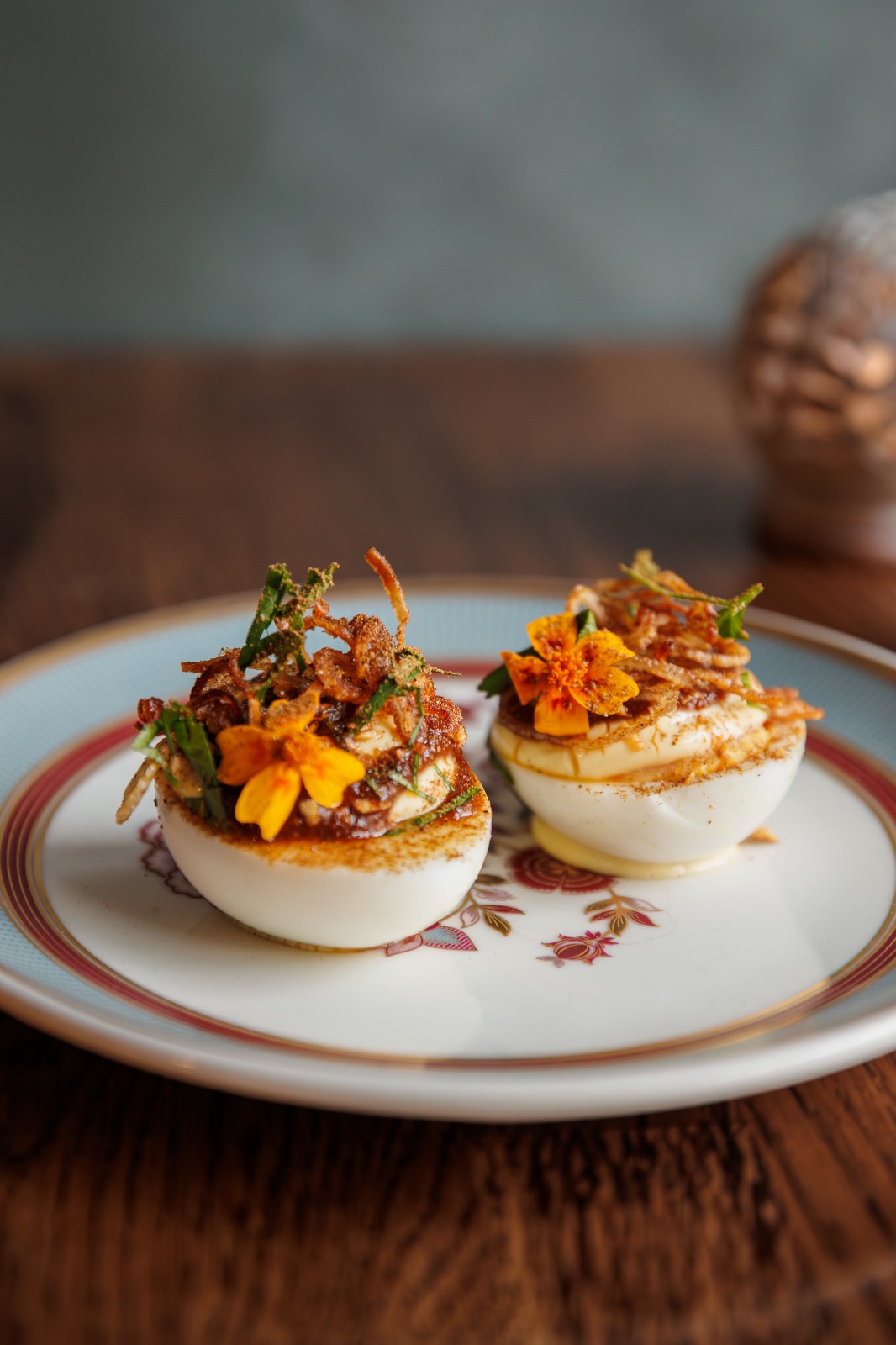 Deviled Egg Bejo with crispy shallot, tamarind and Burmese roasted masala